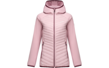 Light pink hooded jacket with full-length zipper, quilted front panel, zippered side pockets and darker-pink trim
