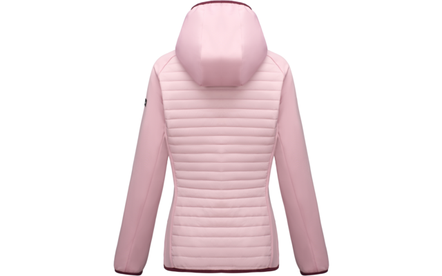 Back view of a light pink hooded jacket, horizontal quilted center panel, smooth sleeves, small black patch on the left upper sleeve, darker pink trim on hem and hood edge