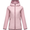 Light pink hooded jacket with full-length zipper, quilted front panel, zippered side pockets and darker-pink trim