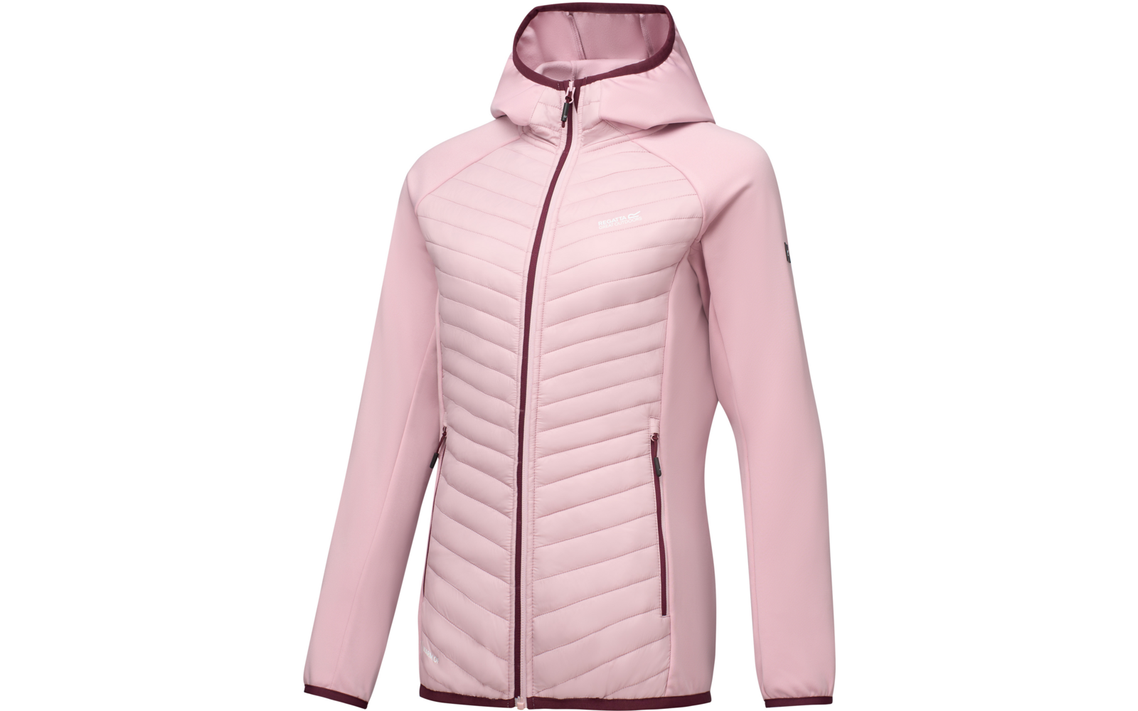 Pink women's jacket with hood, full zipper, quilted front panel, two zip pockets and darker trim on zippers and edges