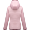 Back view of a light pink hooded jacket, horizontal quilted center panel, smooth sleeves, small black patch on the left upper sleeve, darker pink trim on hem and hood edge