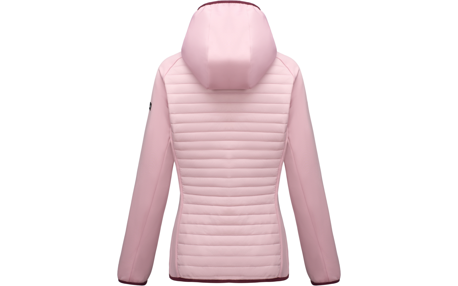Back view of a light pink hooded jacket, horizontal quilted center panel, smooth sleeves, small black patch on the left upper sleeve, darker pink trim on hem and hood edge