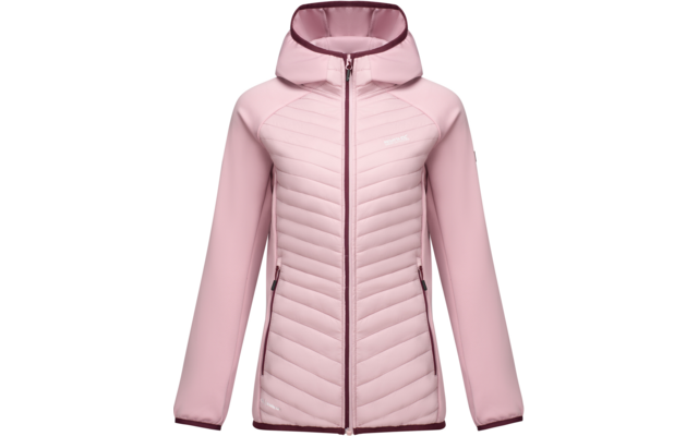Light pink hooded jacket with full-length zipper, quilted front panel, zippered side pockets and darker-pink trim