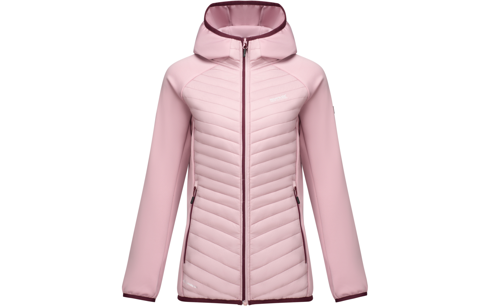Light pink hooded jacket with full-length zipper, quilted front panel, zippered side pockets and darker-pink trim
