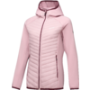 Pink women's jacket with hood, full zipper, quilted front panel, two zip pockets and darker trim on zippers and edges
