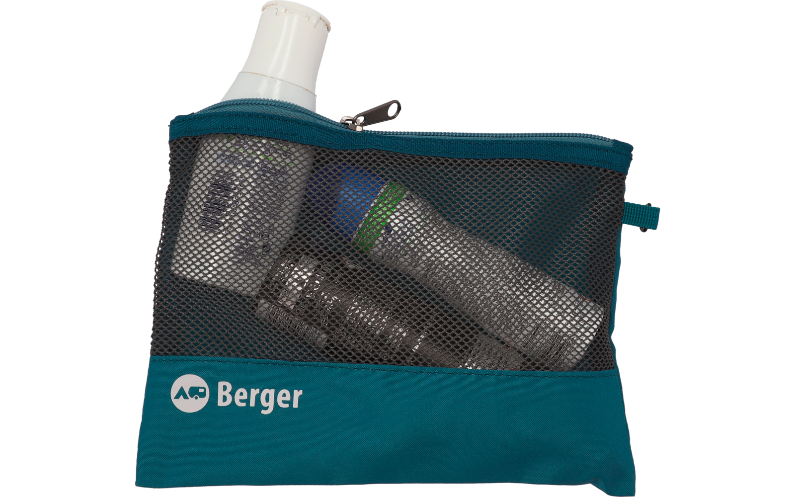 Transparente Kulturtasche mit Pflegeprodukten und Berger-Logo