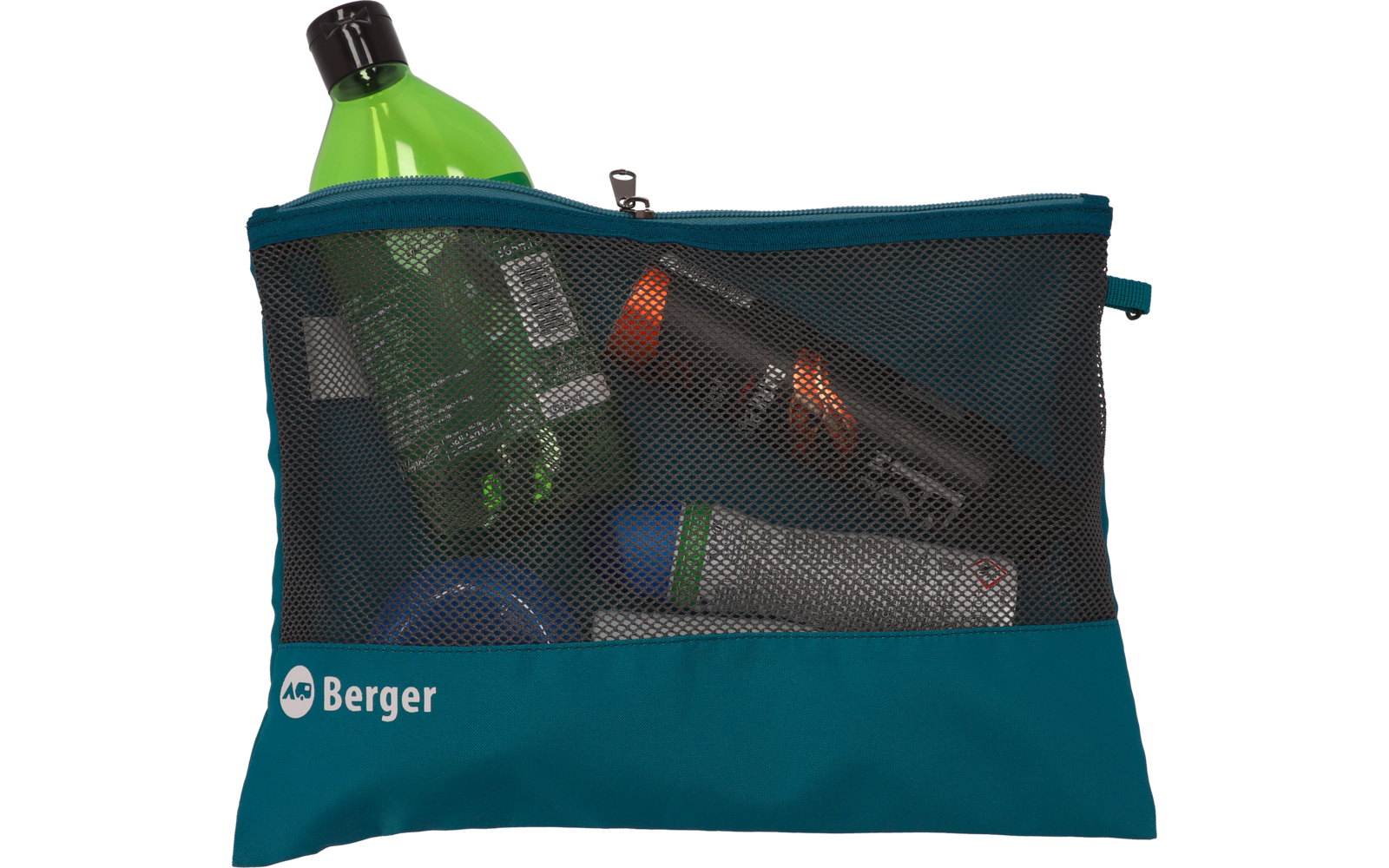 Eine transparente blaue Tasche mit mehreren Tuben und Flaschen darin