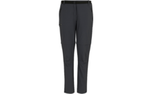 Pantalon long gris avec couture de fermeture éclair visible au niveau des genoux, deux poches avant zippées et ceinture noire