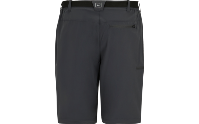 Frontansicht einer dunkelgrauen Shorts mit Bund und Gürtelschlaufen, mittigem Logo am Bund, einer Reißverschlusstasche vorne und einer Tasche am Oberschenkel