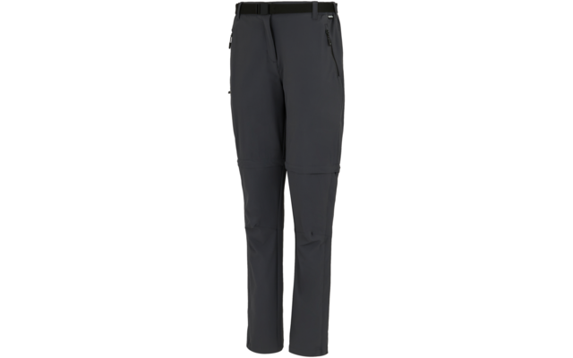Vorderansicht einer dunkelgrauen langen Hose mit Bund, Gürtelschlaufen, zwei Reißverschlusstaschen an den Hüften, zusätzlichen Reißverschlüssen an den Oberschenkeln und sichtbaren Nähten an den Knien