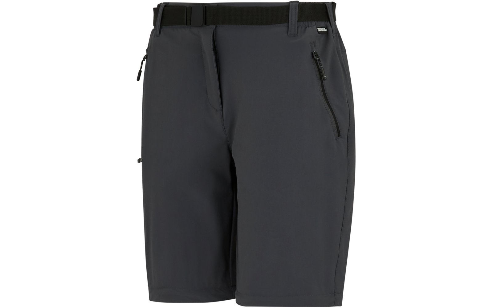 Dunkelgraue Shorts mit schwarzem Gürtel und sichtbarer Reißverschlusstasche vorne rechts