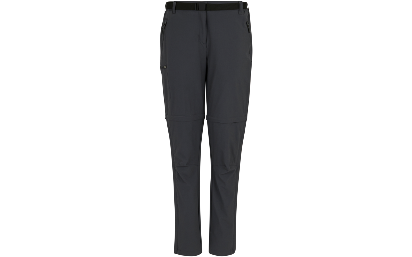 Graue lange Hose mit sichtbarer Reißverschlussnaht auf Kniehöhe, zwei vordere Reißverschlusstaschen und schwarzer Gürtel