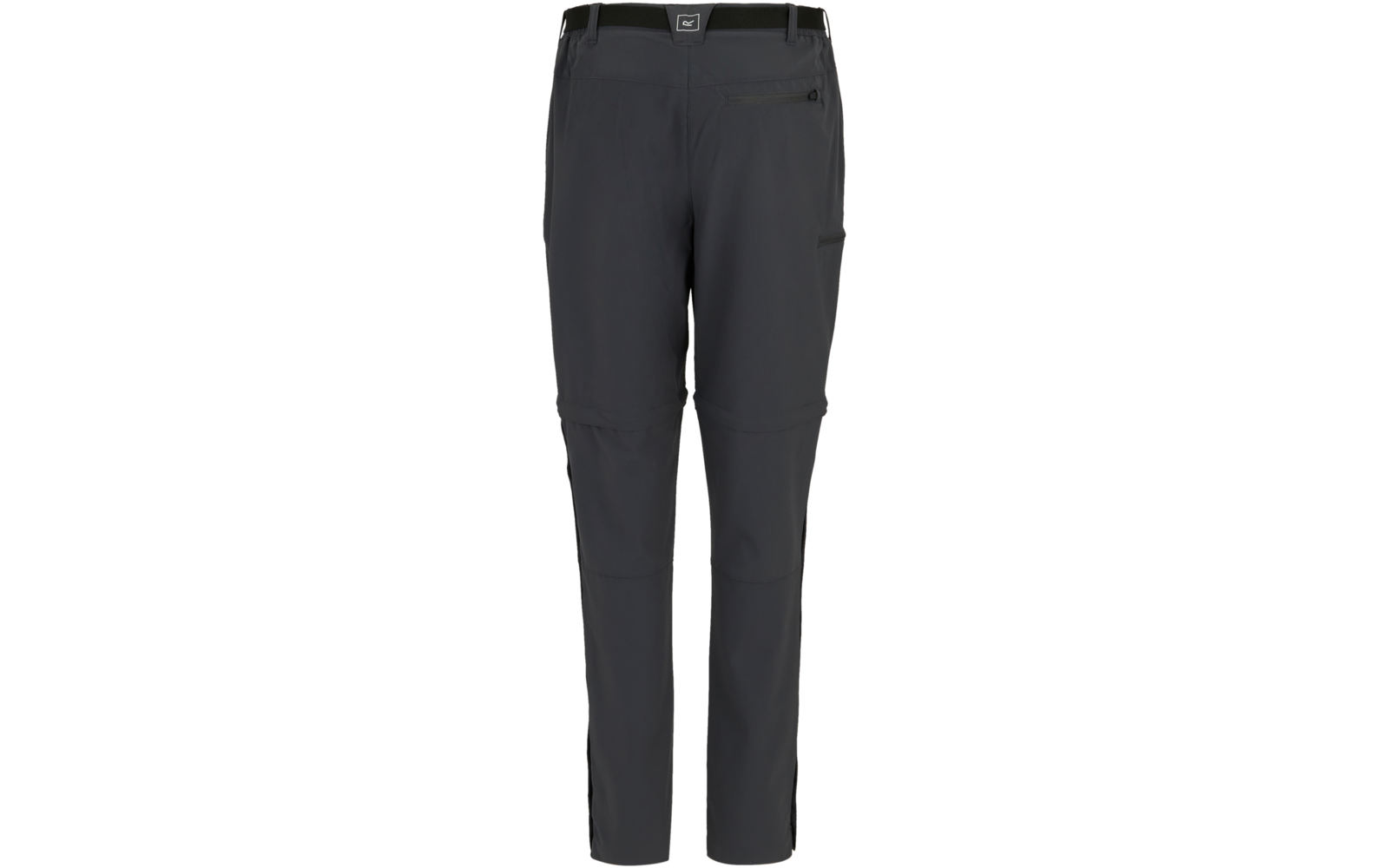 Dunkelgraue lange Hose mit Reißverschlüssen an den Knien, rechtsseitige Reißverschlusstasche am Oberschenkel, Gürtelschlaufen, kleines quadratisches Logo vorne an der Taille, sichtbare Nähte