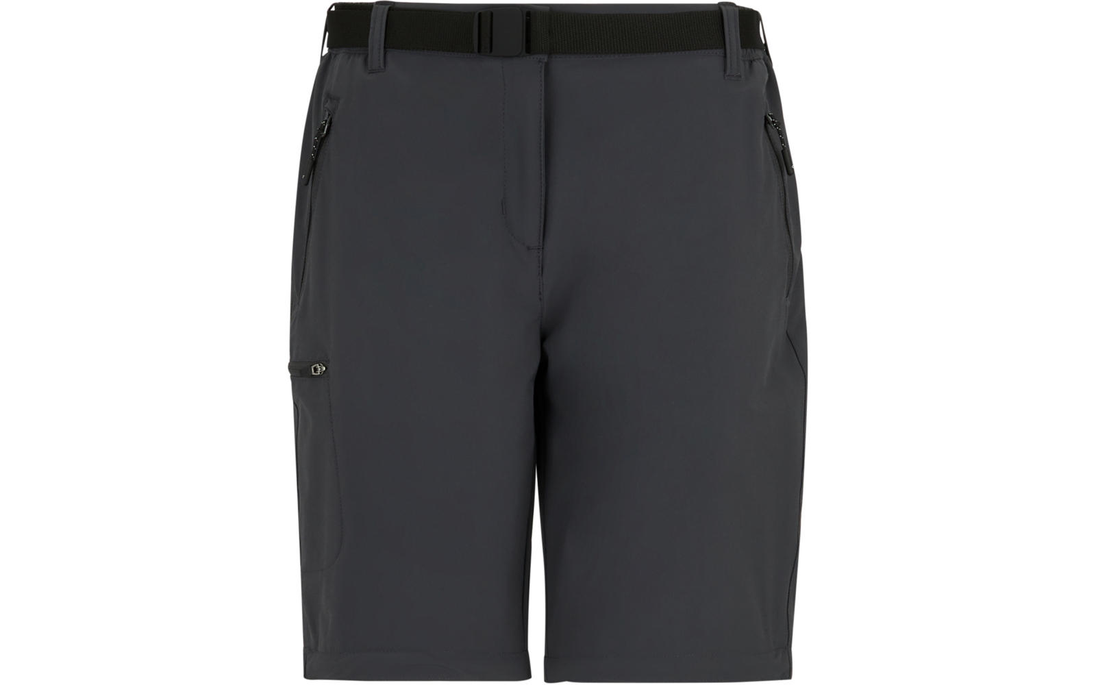 Kurz geschnittene dunkelgraue Outdoor-Shorts, Bund mit Gürtelschlaufen, zwei schräge Reißverschlusstaschen an den Hüften und eine seitliche Tasche am Oberschenkel
