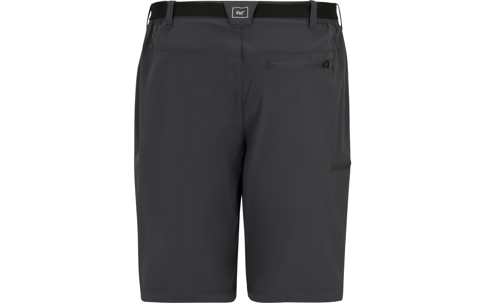 Frontansicht einer dunkelgrauen Shorts mit Bund und Gürtelschlaufen, mittigem Logo am Bund, einer Reißverschlusstasche vorne und einer Tasche am Oberschenkel