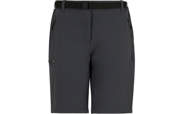 Kurz geschnittene dunkelgraue Outdoor-Shorts, Bund mit Gürtelschlaufen, zwei schräge Reißverschlusstaschen an den Hüften und eine seitliche Tasche am Oberschenkel