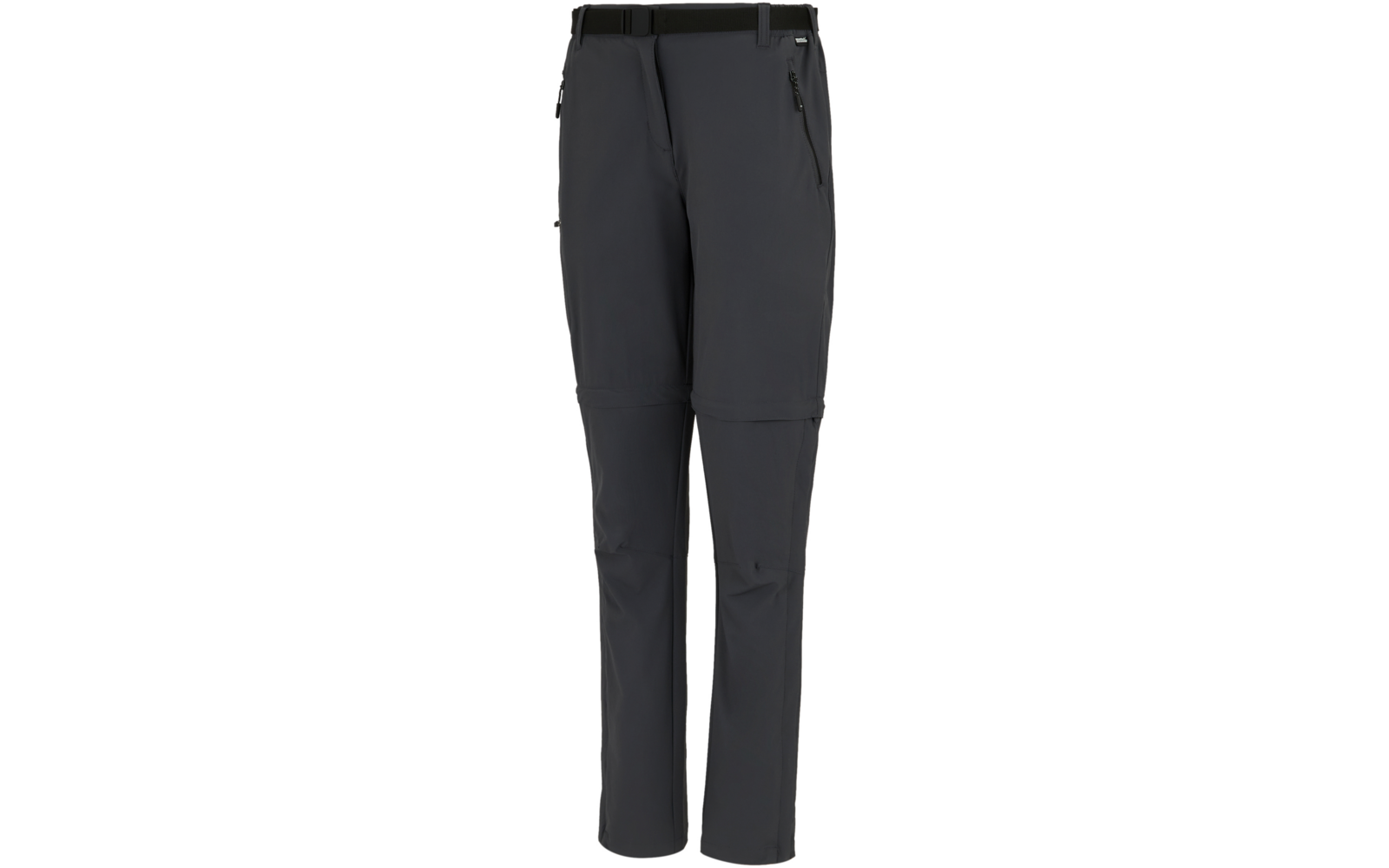 Vorderansicht einer dunkelgrauen langen Hose mit Bund, Gürtelschlaufen, zwei Reißverschlusstaschen an den Hüften, zusätzlichen Reißverschlüssen an den Oberschenkeln und sichtbaren Nähten an den Knien