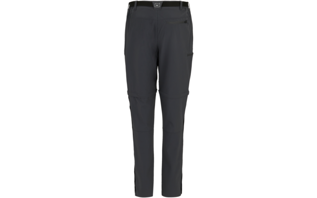 Dunkelgraue lange Hose mit Reißverschlüssen an den Knien, rechtsseitige Reißverschlusstasche am Oberschenkel, Gürtelschlaufen, kleines quadratisches Logo vorne an der Taille, sichtbare Nähte