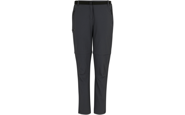 Graue lange Hose mit sichtbarer Reißverschlussnaht auf Kniehöhe, zwei vordere Reißverschlusstaschen und schwarzer Gürtel