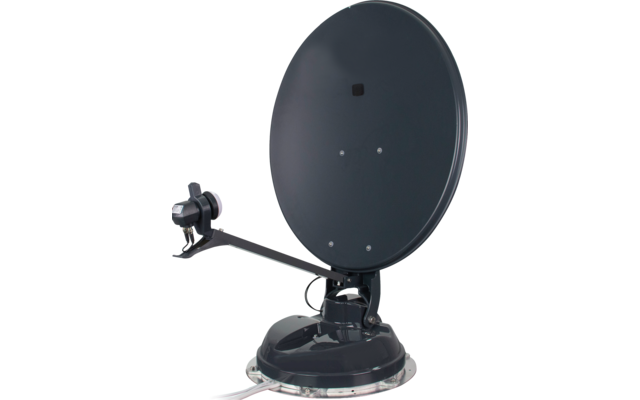 Donkergrijze ronde schotelantenne met arm en LNB, gemonteerd op een ronde basis met zuignap en ontgrendelingshendel