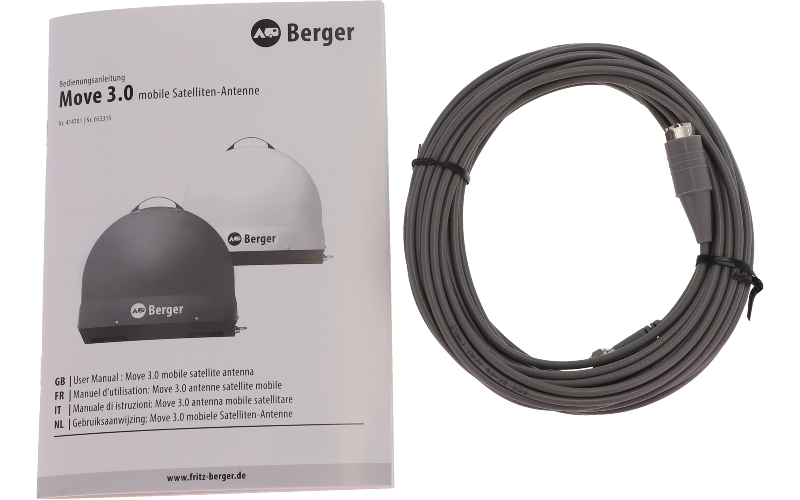 Folded manual showing two dome-shaped antennas and Berger logo on the left; coiled gray cable with connector on the right, white background