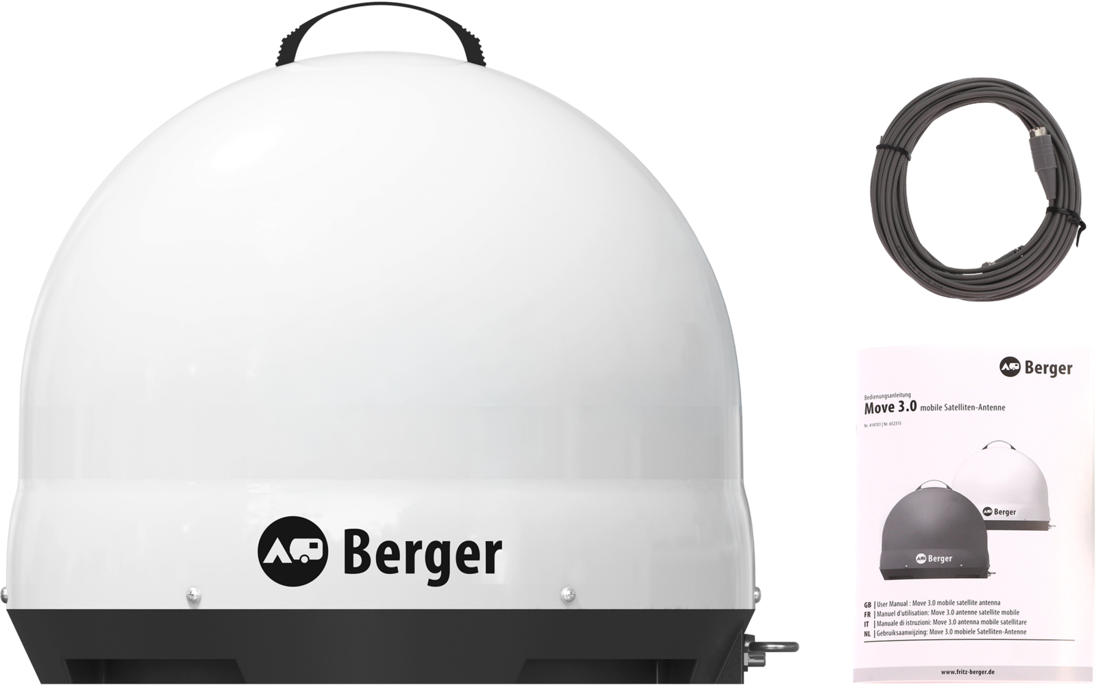 White dome-shaped housing with Berger logo, black carry handle on top, coiled black cable to the right, product manual with photo at bottom right