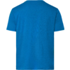 Achteraanzicht van een effen blauw T-shirt met korte mouwen op een witte achtergrond