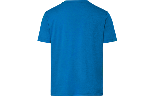 Achteraanzicht van een effen blauw T-shirt met korte mouwen op een witte achtergrond
