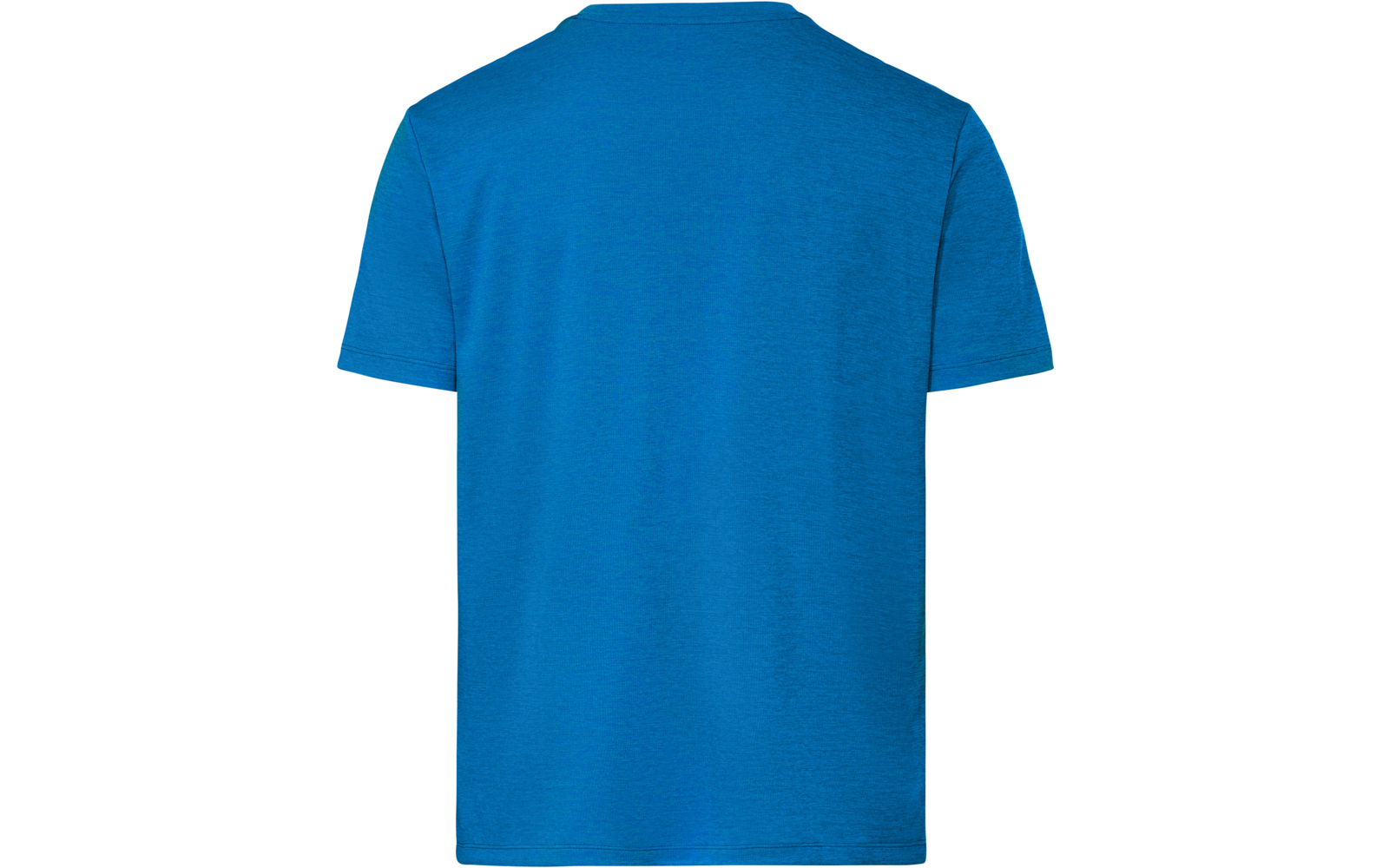 Achteraanzicht van een effen blauw T-shirt met korte mouwen op een witte achtergrond
