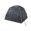 Tente de camping autoportante anthracite avec porte rectangulaire fermée, arceaux blancs, haubans et piquets orange sur fond blanc