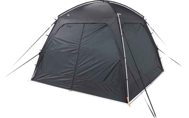 Tente de camping autoportante anthracite avec porte rectangulaire fermée, arceaux blancs, haubans et piquets orange sur fond blanc
