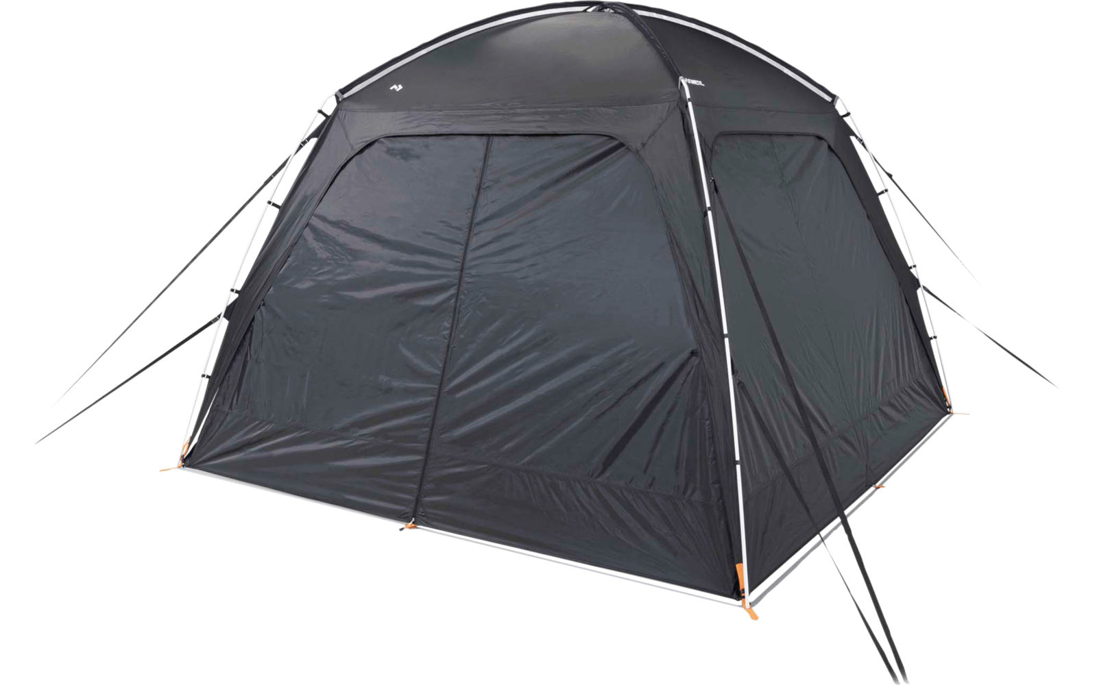 Tente de camping autoportante anthracite avec porte rectangulaire fermée, arceaux blancs, haubans et piquets orange sur fond blanc
