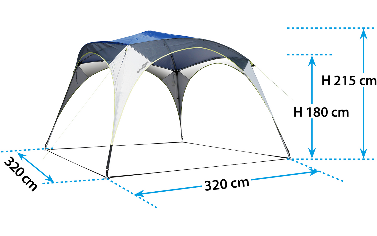 Blau-weißes Zelt mit Maßen 320 cm Breite, 320 cm Tiefe und 215 cm Höhe