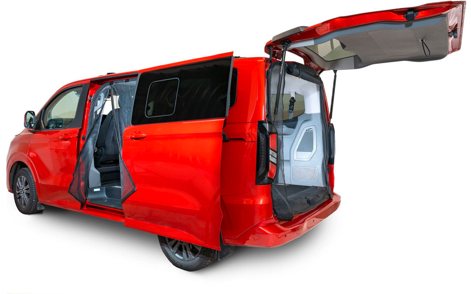 Roter Transporter mit geöffneten Schiebetür und Heckklappe