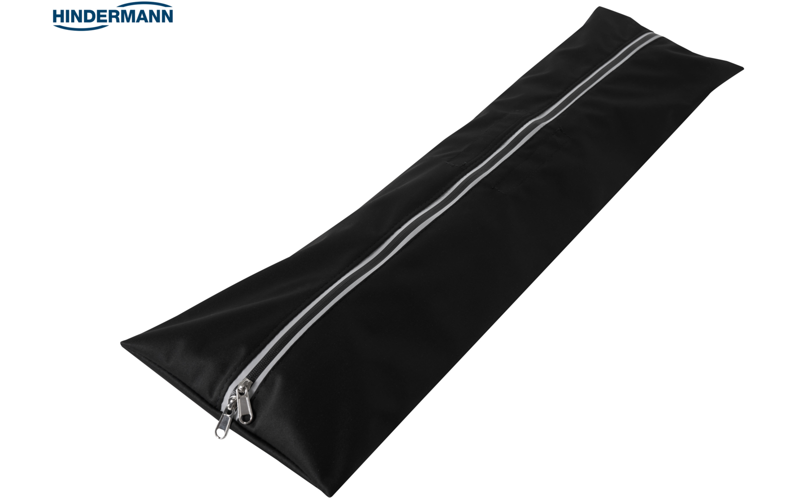 Langes schwarzes rechteckiges Stoffetui mit weißem Mittelreißverschluss und silbernem Reißverschlussgriff auf weißem Hintergrund, Text 'HINDERMANN' oben links
