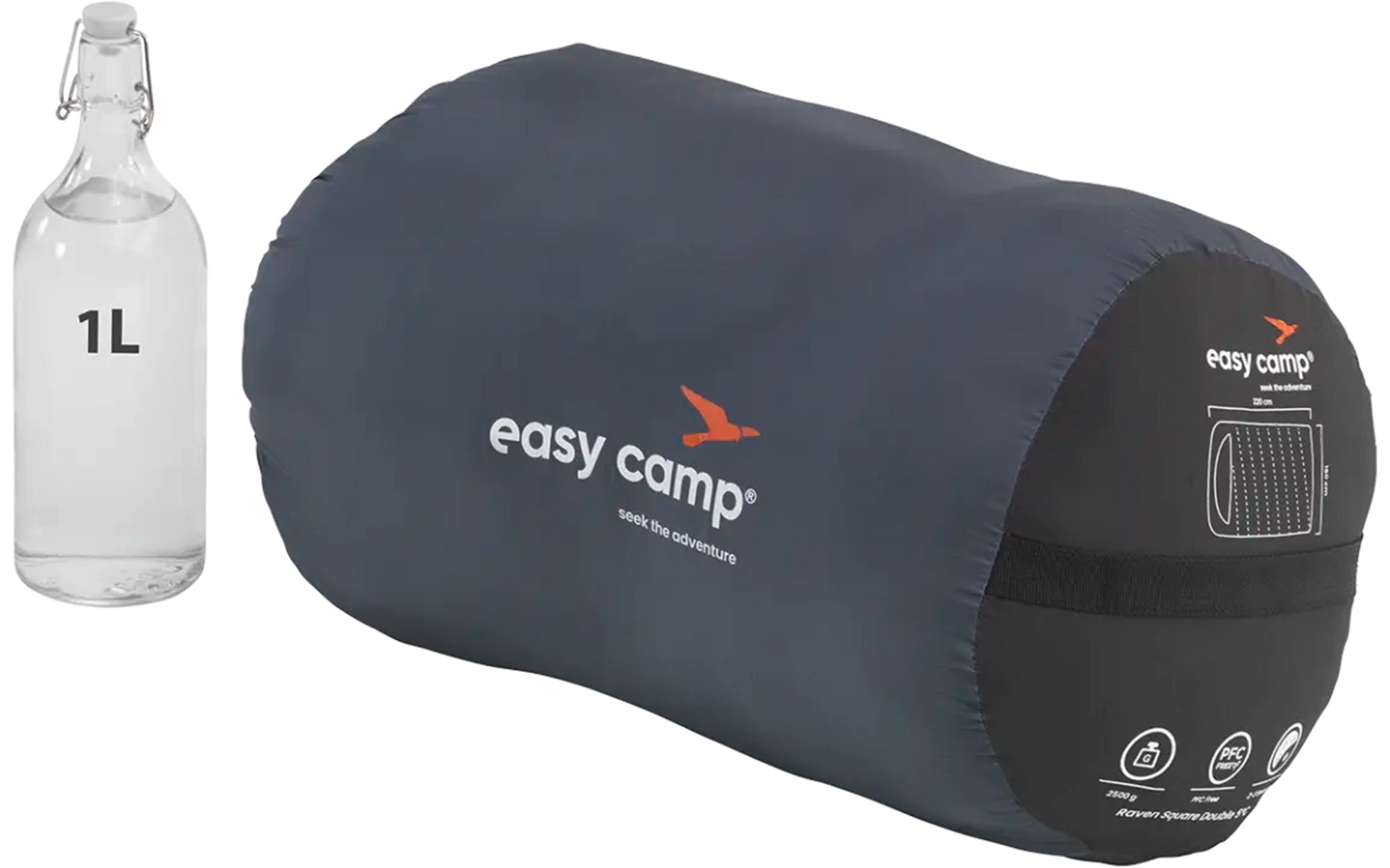 Coussin gonflable bleu foncé avec pompe à air et bouteille blanche