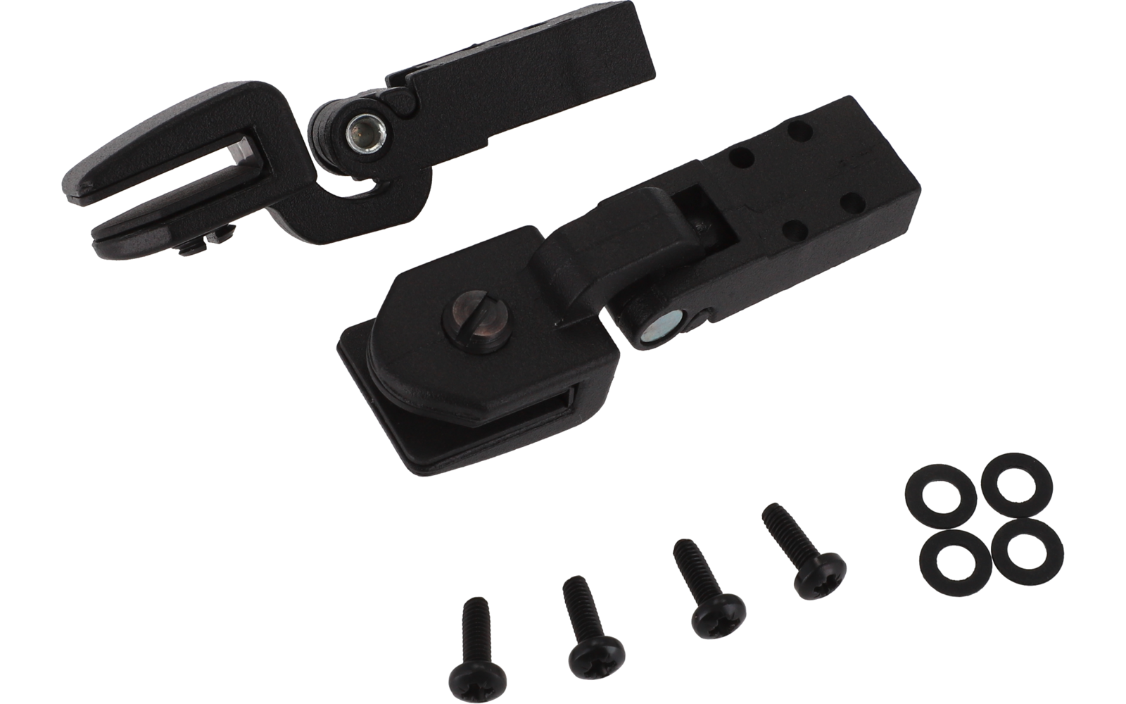 Schwarze Metallhalterungen, vier Schrauben und vier Unterlegscheiben auf weißem Hintergrund