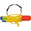 Gele waterpistool met rode loop en zwarte draagriem