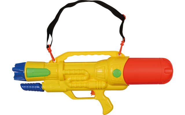 Gele waterpistool met rode loop en zwarte draagriem