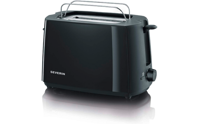 Schwarzer Toaster für zwei Scheiben mit Metallwärmegitter oben, Steckschlitz, seitlichem Drehregler und Markenaufschrift 'SEVERIN'