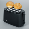 Schwarzer Toaster mit zwei Brötchen in den hochgestellten Schlitzen auf grauem Untergrund