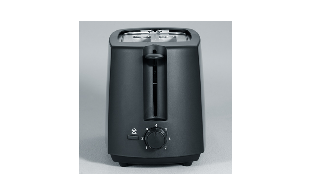 Vorderansicht eines mattschwarzen Toasters mit zwei Schlitzen oben, einem mittigen Hebel und einem Drehregler mit den Zahlen 1–7