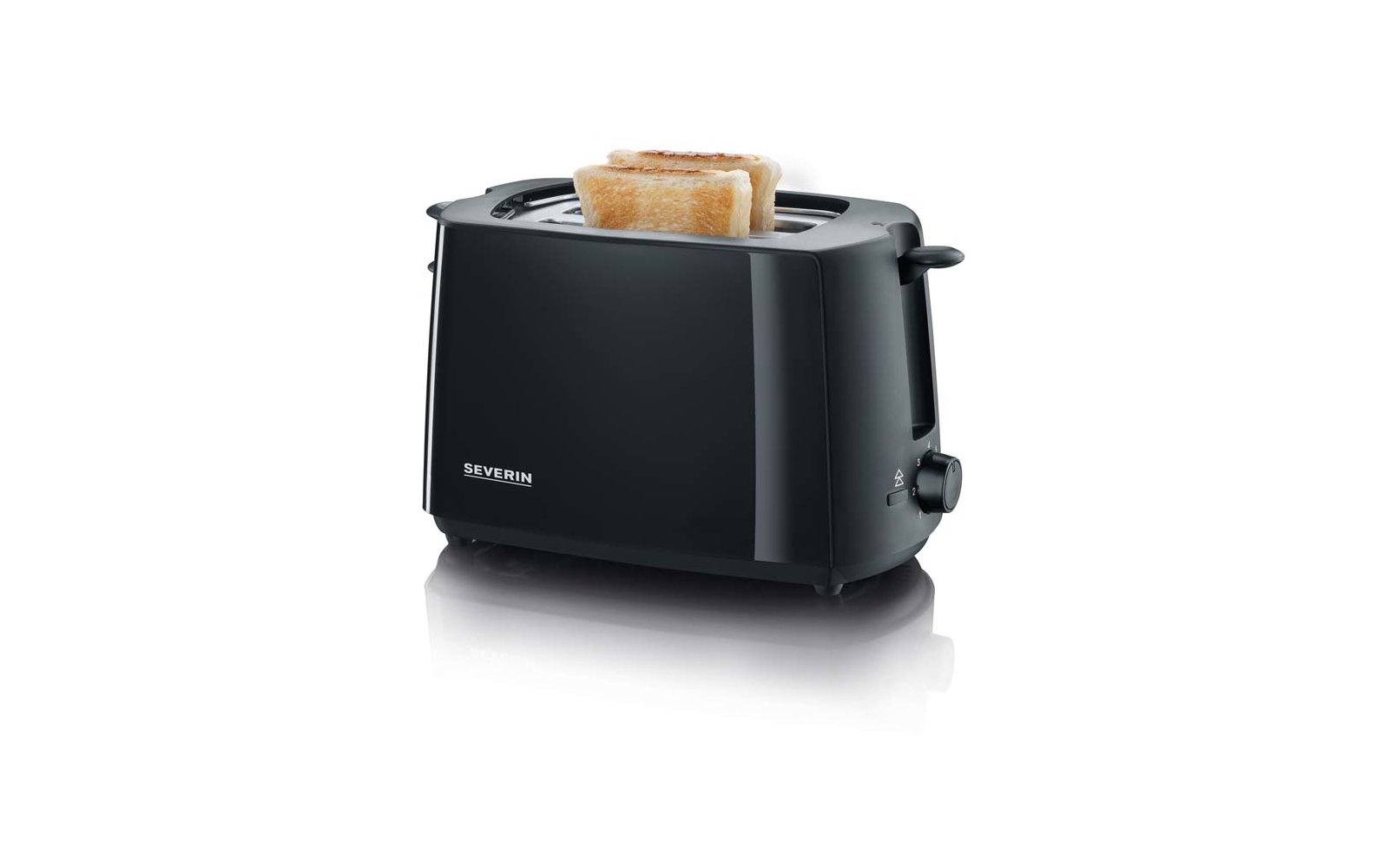 Schwarzer SEVERIN-Toaster mit zwei braunen Brotscheiben in den Schlitzen