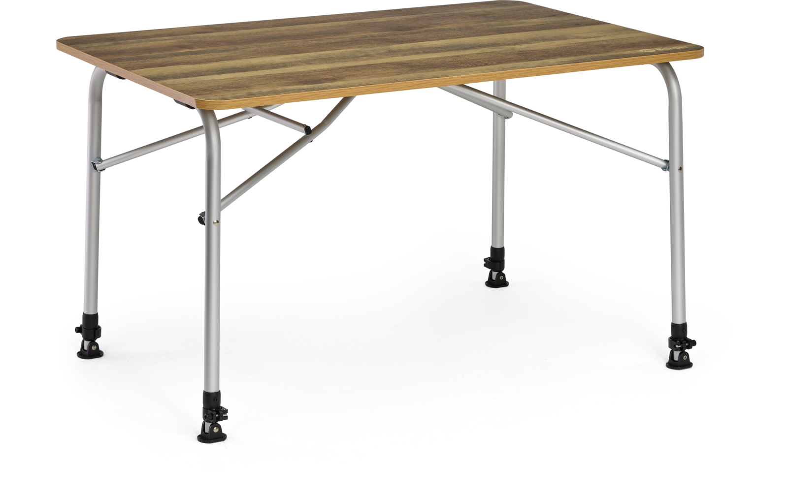 Table rectangulaire avec plateau couleur bois, pieds métalliques argentés, entretoises pliantes et patins noirs réglables