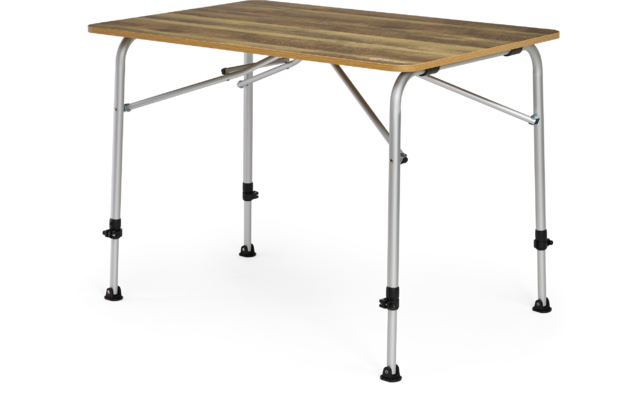 Petite table rectangulaire pliante avec plateau effet bois, pieds métalliques argentés et embouts en caoutchouc noirs