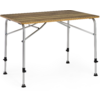 Table pliante rectangulaire avec plateau couleur bois, quatre pieds métalliques argentés, entretoises et embouts en caoutchouc noirs