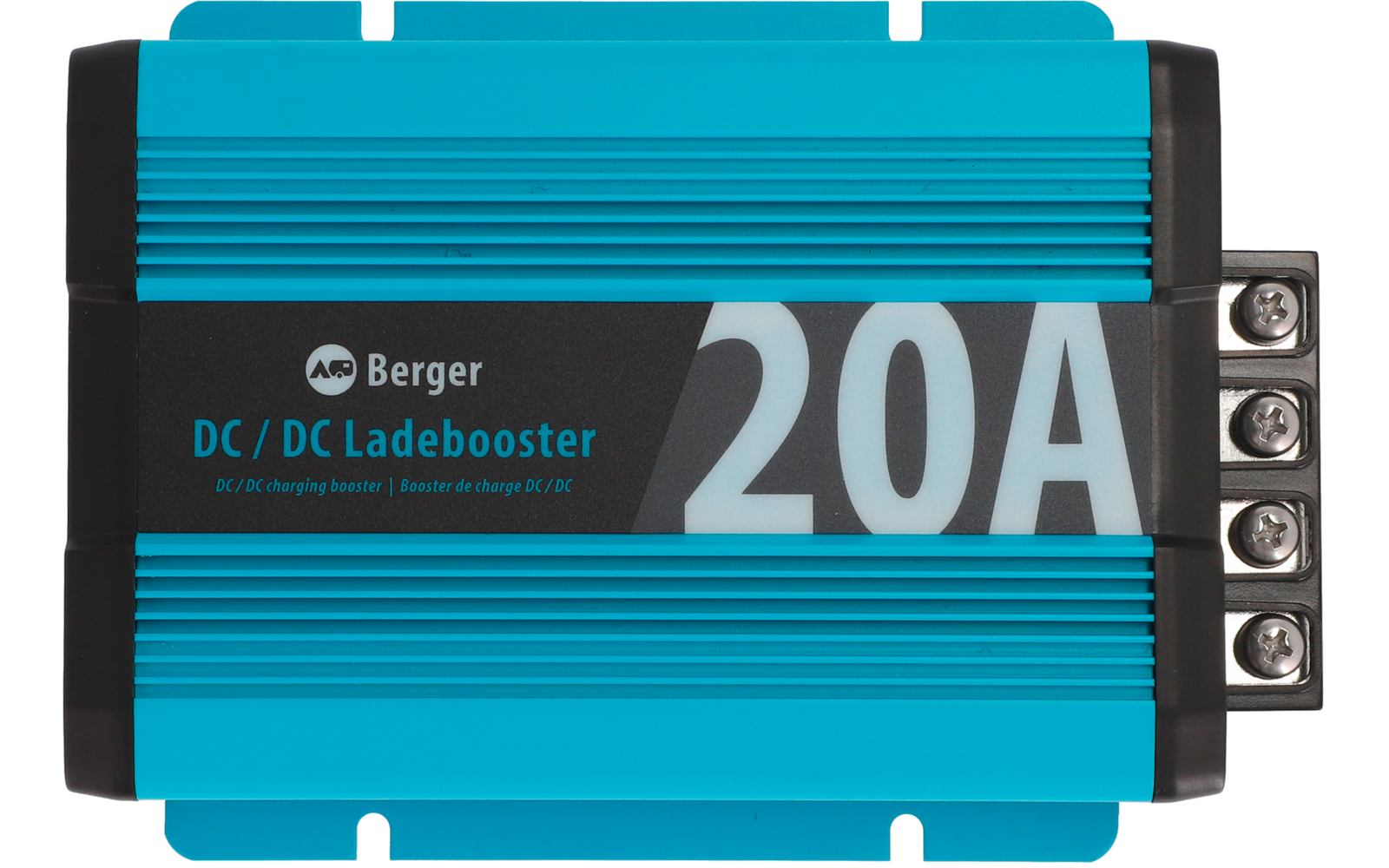 Blauer DC-Ladebooster mit der Aufschrift 20A und Anschlussklemmen