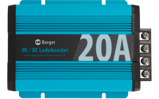 Blauer DC-Ladebooster mit der Aufschrift 20A und Anschlussklemmen