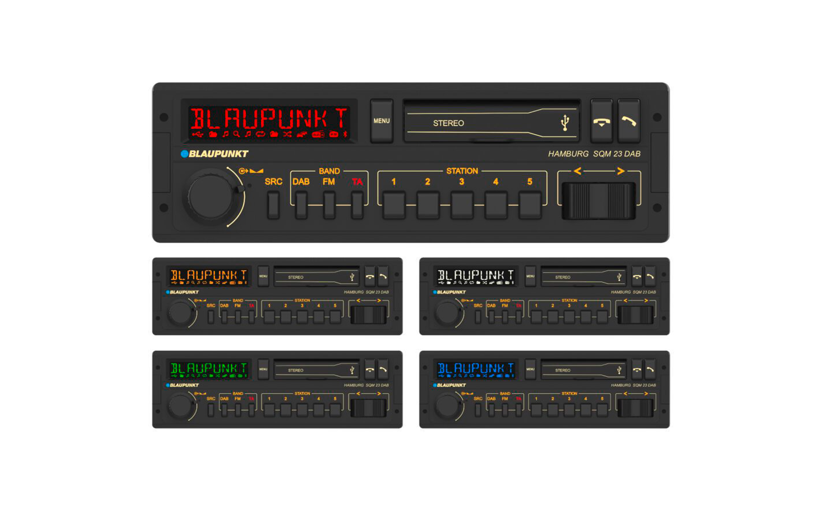 Six façades d'appareils rectangulaires noires en deux rangées, chacune avec un affichage numérique 'BLAUPUNKT' de couleurs différentes, boutons rotatifs, touches, un curseur et des libellés comme 'STEREO', 'SRC', 'BAND', 'DAB', 'FM', 'TA'