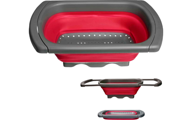 Passoire pliante rouge avec bord et poignées gris, présentée en trois vues : ouverte, partiellement repliée, plate